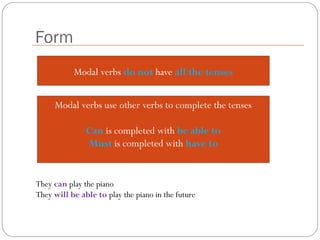 Form
Modal verbs do not have all the tenses
Modal verbs use other verbs to complete the tenses
Can is completed with be able to
Must is completed with have to
They can play the piano
They will be able to play the piano in the future
 