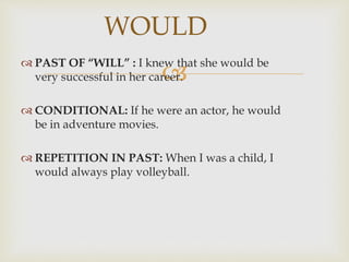 
 PAST OF “WILL” : I knew that she would be
very successful in her career.
 CONDITIONAL: If he were an actor, he would
be in adventure movies.
 REPETITION IN PAST: When I was a child, I
would always play volleyball.
WOULD
 