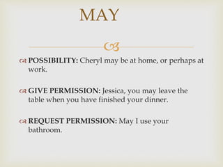 
 POSSIBILITY: Cheryl may be at home, or perhaps at
work.
 GIVE PERMISSION: Jessica, you may leave the
table when you have finished your dinner.
 REQUEST PERMISSION: May I use your
bathroom.
MAY
 