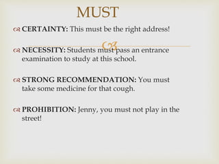 
 CERTAINTY: This must be the right address!
 NECESSITY: Students must pass an entrance
examination to study at this school.
 STRONG RECOMMENDATION: You must
take some medicine for that cough.
 PROHIBITION: Jenny, you must not play in the
street!
MUST
 