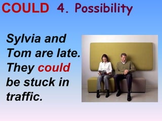 4. PossibilityCOULD
Sylvia and
Tom are late.
They could
be stuck in
traffic.
 