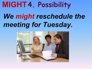 4. PossibilityMIGHT
We might reschedule the
meeting for Tuesday.
 