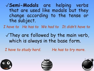 ✓Semi-Modals are helping verbs
that are used like modals but they
change according to the tense or
the subject.
I have to He has to We had to It didn’t have to
✓They are followed by the main verb,
which is always in the base form.
I have to study hard. He has to try more.
 