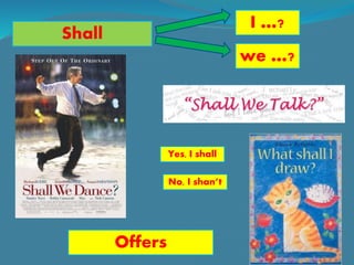 Shall
Offers
I …?
we …?
Yes, I shall
No, I shan’t
 