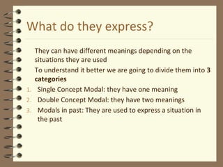 What do they express?
They can have different meanings depending on the
situations they are used
To understand it better we are going to divide them into 3
categories
1. Single Concept Modal: they have one meaning
2. Double Concept Modal: they have two meanings
3. Modals in past: They are used to express a situation in
the past
 