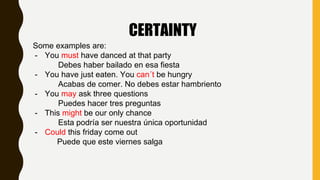 CERTAINTY
Some examples are:
- You must have danced at that party
Debes haber bailado en esa fiesta
- You have just eaten. You can´t be hungry
Acabas de comer. No debes estar hambriento
- You may ask three questions
Puedes hacer tres preguntas
- This might be our only chance
Esta podría ser nuestra única oportunidad
- Could this friday come out
Puede que este viernes salga
 