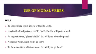 USE OF MODAL VERBS
WILL:
a. To show future tense: ex: He will go to Delhi.
b. Used with all subjects except ‘I’, ‘we’?. Ex: He will go to school.
c. As request: takes, ‘please/kindly’. Ex: Will you please help me?
d. Negative: won’t. Ex: I won’t go there.
e. To form questions of future tense: Ex: Will you go there?
 