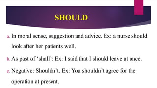 SHOULD
a. In moral sense, suggestion and advice. Ex: a nurse should
look after her patients well.
b. As past of ‘shall’: Ex: I said that I should leave at once.
c. Negative: Shouldn’t. Ex: You shouldn’t agree for the
operation at present.
 