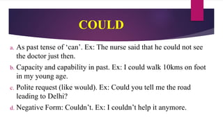 COULD
a. As past tense of ‘can’. Ex: The nurse said that he could not see
the doctor just then.
b. Capacity and capability in past. Ex: I could walk 10kms on foot
in my young age.
c. Polite request (like would). Ex: Could you tell me the road
leading to Delhi?
d. Negative Form: Couldn’t. Ex: I couldn’t help it anymore.
 