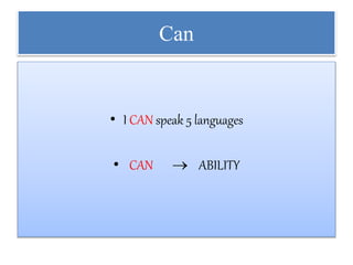 Can
• I CAN speak 5 languages
• CAN  ABILITY
 