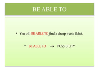 BE ABLE TO
• You will BE ABLE TO find a cheap plane ticket.
• BE ABLE TO  POSSIBILITY
 