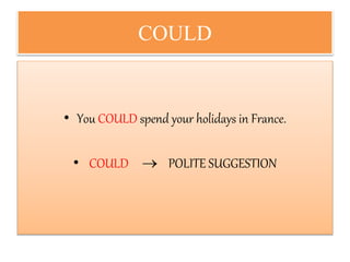 COULD
• You COULD spend your holidays in France.
• COULD  POLITE SUGGESTION
 