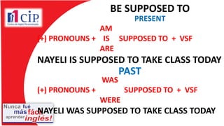 BE SUPPOSED TO
AM
(+) PRONOUNS + IS SUPPOSED TO + VSF
ARE
NAYELI IS SUPPOSED TO TAKE CLASS TODAY
PRESENT
WAS
(+) PRONOUNS + SUPPOSED TO + VSF
WERE
NAYELI WAS SUPPOSED TO TAKE CLASS TODAY
PAST
 