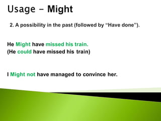 He Might have missed his train.
(He could have missed his train)
I Might not have managed to convince her.
 