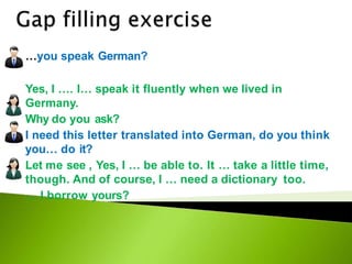 …you speak German?
Yes, I …. I… speak it fluently when we lived in
Germany.
Why do you ask?
I need this letter translated into German, do you think
you… do it?
Let me see , Yes, I … be able to. It … take a little time,
though. And of course, I … need a dictionary too.
… I borrow yours?to
 