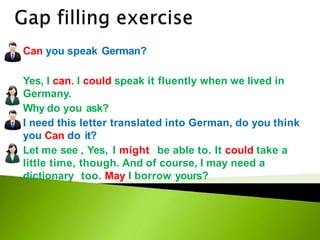 Can you speak German?
Yes, I can. I could speak it fluently when we lived in
Germany.
Why do you ask?
I need this letter translated into German, do you think
you Can do it?
Let me see , Yes, I might be able to. It could take a
little time, though. And of course, I may need a
dictionary too. May I borrow yours?
 