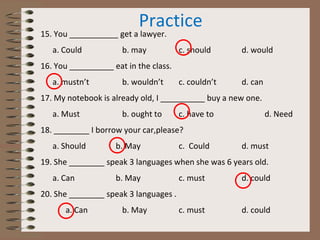 Practice
15. You ___________ get a lawyer.
a. Could b. may c. should d. would
16. You __________ eat in the class.
a. mustn’t b. wouldn’t c. couldn’t d. can
17. My notebook is already old, I __________ buy a new one.
a. Must b. ought to c. have to d. Need
18. ________ I borrow your car,please?
a. Should b. May c. Could d. must
19. She ________ speak 3 languages when she was 6 years old.
a. Can b. May c. must d. could
20. She ________ speak 3 languages .
a. Can b. May c. must d. could
 