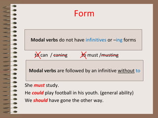 Modals in the Past
- refer to actions that happened in the past
It must have been a difficult decision
They should have in...