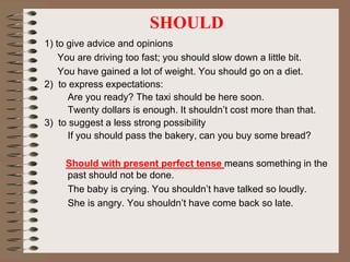 SHOULD
1) to give advice and opinions
You are driving too fast; you should slow down a little bit.
You have gained a lot of weight. You should go on a diet.
2) to express expectations:
Are you ready? The taxi should be here soon.
Twenty dollars is enough. It shouldn’t cost more than that.
3) to suggest a less strong possibility
If you should pass the bakery, can you buy some bread?
Should with present perfect tense means something in the
past should not be done.
The baby is crying. You shouldn’t have talked so loudly.
She is angry. You shouldn’t have come back so late.
 