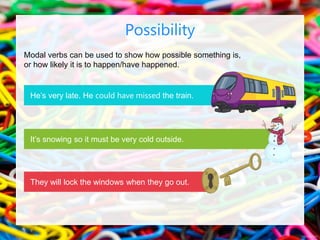 Modal verbs can be used to show how possible something is,
or how likely it is to happen/have happened.
Possibility
He’s very late. He could have missed the train.
It’s snowing so it must be very cold outside.
They will lock the windows when they go out.
 