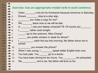 Exercise: Use an appropriate modal verb in each sentence.
1. Owen _______( not) do his homework because tomorrow is Saturday.
2. Drivers ________ stop at a stop sign.
3. ________ you make a copy for me?
4. We _______ leave now or we will be late.
5. A: _______ I use your laptop computer? B: Of course you _______.
6. I _______ rather cook tonight.
7. _____ I go to the restroom, Miss Chang?
8. ______ you prefer chicken or steak for dinner?
9. I __________ catch the bus this morning. My father drove me to
school.
10. _________ you answer the phone?
11. When I was young, I ________ speak better English than now.
12. You look pale. You ______ go to a doctor.
13. You have been driving for ten hours. You _________ be exhausted.
14. We __________ rent a car. My father will lend us his.
 