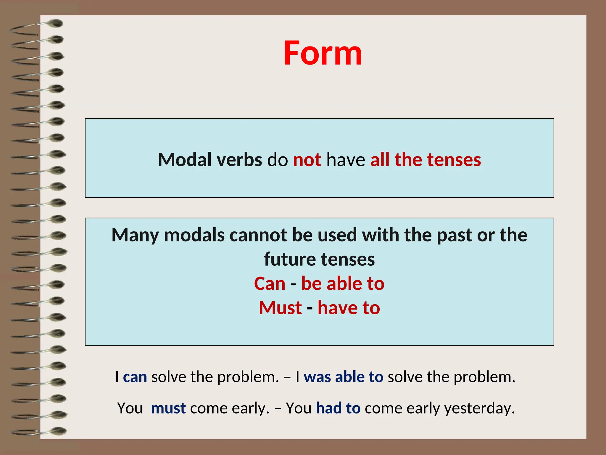 Form
Modal verbs do not have all the tenses
Many modals cannot be used with the past or the
future tenses
Can - be able to
Must - have to
I can solve the problem. – I was able to solve the problem.
You must come early. – You had to come early yesterday.
 
