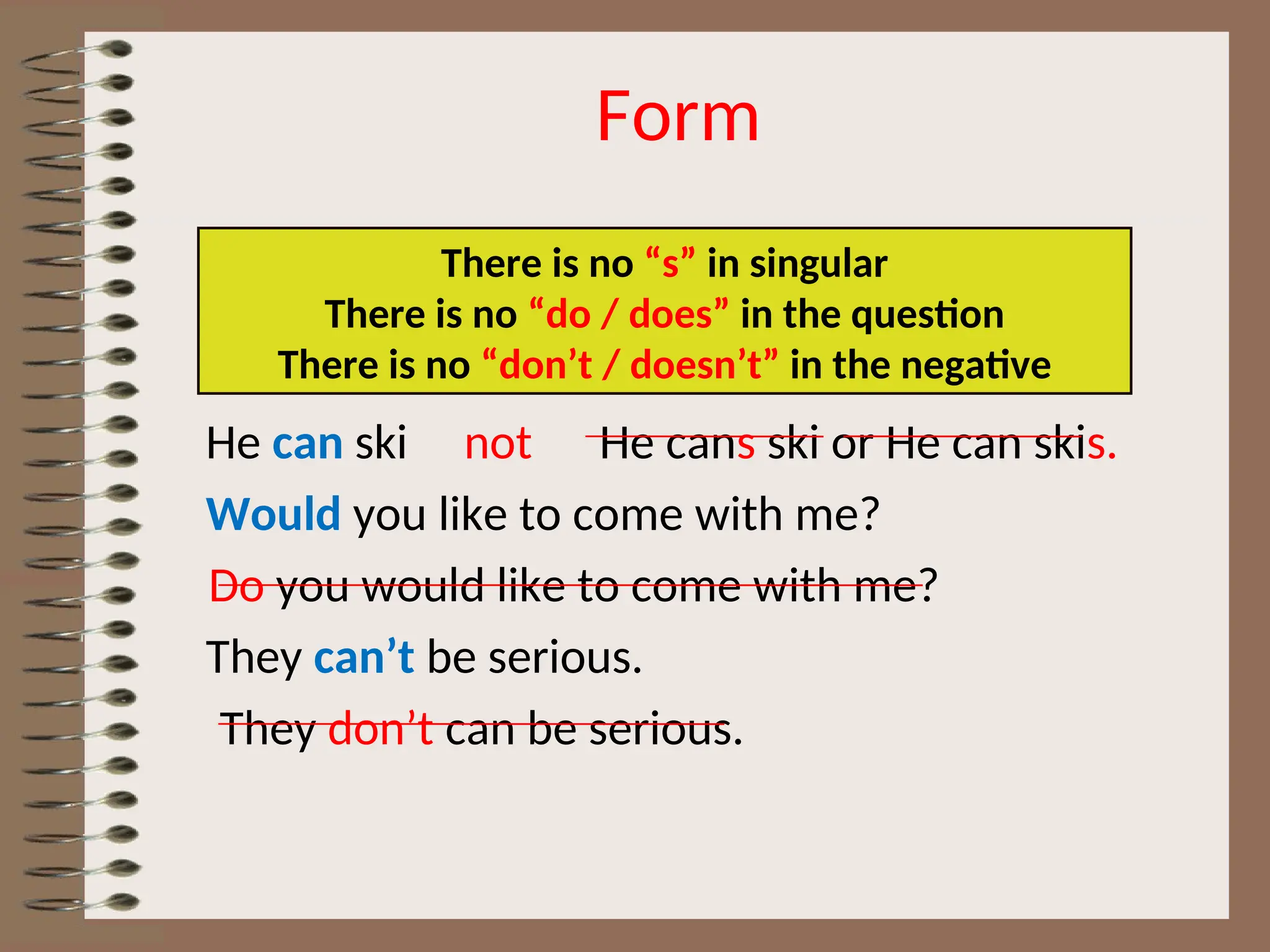 Form
He can ski not He cans ski or He can skis.
Would you like to come with me?
Do you would like to come with me?
They can’t be serious.
They don’t can be serious.
There is no “s” in singular
There is no “do / does” in the question
There is no “don’t / doesn’t” in the negative
 
