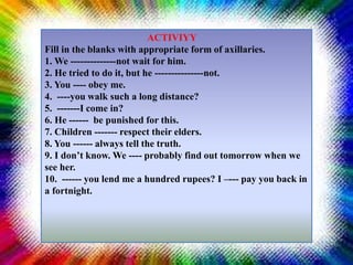 ACTIVIYY
Fill in the blanks with appropriate form of axillaries.
1. We --------------not wait for him.
2. He tried to do it, but he ---------------not.
3. You ---- obey me.
4. ----you walk such a long distance?
5. -------I come in?
6. He ------ be punished for this.
7. Children ------- respect their elders.
8. You ------ always tell the truth.
9. I don’t know. We ---- probably find out tomorrow when we
see her.
10. ------ you lend me a hundred rupees? I –--- pay you back in
a fortnight.
 