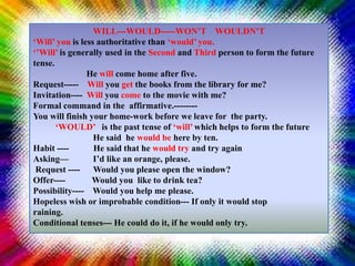 WILL---WOULD-----WON’T WOULDN’T
‘Will’ you is less authoritative than ‘would’ you.
‘’Will’ is generally used in the Second and Third person to form the future
tense.
He will come home after five.
Request----- Will you get the books from the library for me?
Invitation---- Will you come to the movie with me?
Formal command in the affirmative.--------
You will finish your home-work before we leave for the party.
‘WOULD’ is the past tense of ‘will’ which helps to form the future
He said he would be here by ten.
Habit ---- He said that he would try and try again
Asking— I’d like an orange, please.
Request ---- Would you please open the window?
Offer---- Would you like to drink tea?
Possibility---- Would you help me please.
Hopeless wish or improbable condition--- If only it would stop
raining.
Conditional tenses--- He could do it, if he would only try.
 
