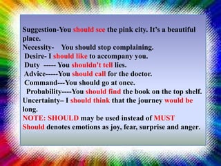 Suggestion-You should see the pink city. It’s a beautiful
place.
Necessity- You should stop complaining.
Desire- I should like to accompany you.
Duty ----- You shouldn't tell lies.
Advice-----You should call for the doctor.
Command---You should go at once.
Probability----You should find the book on the top shelf.
Uncertainty– I should think that the journey would be
long.
NOTE: SHOULD may be used instead of MUST
Should denotes emotions as joy, fear, surprise and anger.
 