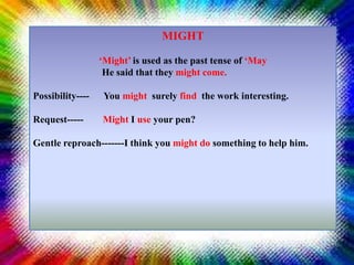 MIGHT
‘Might’ is used as the past tense of ‘May
He said that they might come.
Possibility---- You might surely find the work interesting.
Request----- Might I use your pen?
Gentle reproach-------I think you might do something to help him.
 