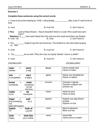 Cepre-UNI 2018-2 SEMANA 16
Exercise 3
Complete these sentences using the correct words.
1. I have to be at the meeting by 10:00. I will probably ____________ take a taxi if I want to be on
time.
A. must B. must not C. don’t have to
2.Tina: Look at these flowers – they’re beautiful! there's no card. Who could have sent
them?
Stephany: It____ have been David.He’s the only one who could send them you flowers.
A. must not B. must C. don’t have to
4. You _________ forget to pay the rent tomorrow. The landlord is very strict about paying
on time.
A. must B. must not C. don’t have to
5. You ________ be so rude ! Why don’t you try saying “please” once in a while?
A. must B. must not C. don’t have to
VOCABULARY: VOCABULARIO:
wear – carry
clothes a bag
llevar Llevar puesta ropa
Llevar un bolso
win – earn
a competition a salary
ganar Ganar una competencia
Ganar un salario
know – meet
somebody somebody
for the
first time
conocer Conocer a alguien
Conocer a alguien por
primera vez
make – do
lunch homework
hacer Hacer la cena
Hacer la tarea
hope – wait
that something for a
bus
good will happen
esperar Esperar que algo Bueno
suceda
Esperar un bus
watch – look at
TV a photo
mirar Mirar la television
Mirar una foto
look – look like
happy your mother
verse Verse feliz
Verse como su madre
 
