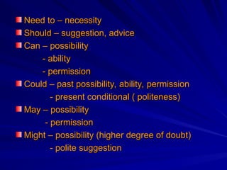 Need to – necessity
Need to – necessity
Should – suggestion, advice
Should – suggestion, advice
Can – possibility
Can – possibility
- ability
- ability
- permission
- permission
Could – past possibility, ability, permission
Could – past possibility, ability, permission
- present conditional ( politeness)
- present conditional ( politeness)
May – possibility
May – possibility
- permission
- permission
Might – possibility (higher degree of doubt)
Might – possibility (higher degree of doubt)
- polite suggestion
- polite suggestion
 