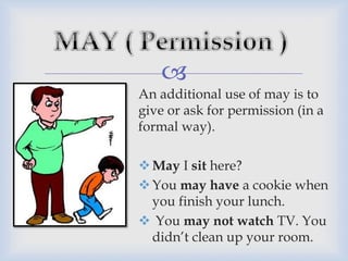 
An additional use of may is to
give or ask for permission (in a
formal way).
May I sit here?
You may have a cookie when
you finish your lunch.
 You may not watch TV. You
didn’t clean up your room.
 