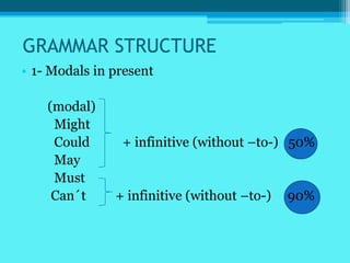GRAMMAR STRUCTURE
• 1- Modals in present

    (modal)
     Might
     Could      + infinitive (without –to-) 50%
     May
     Must
     Can´t     + infinitive (without –to-)   90%
 