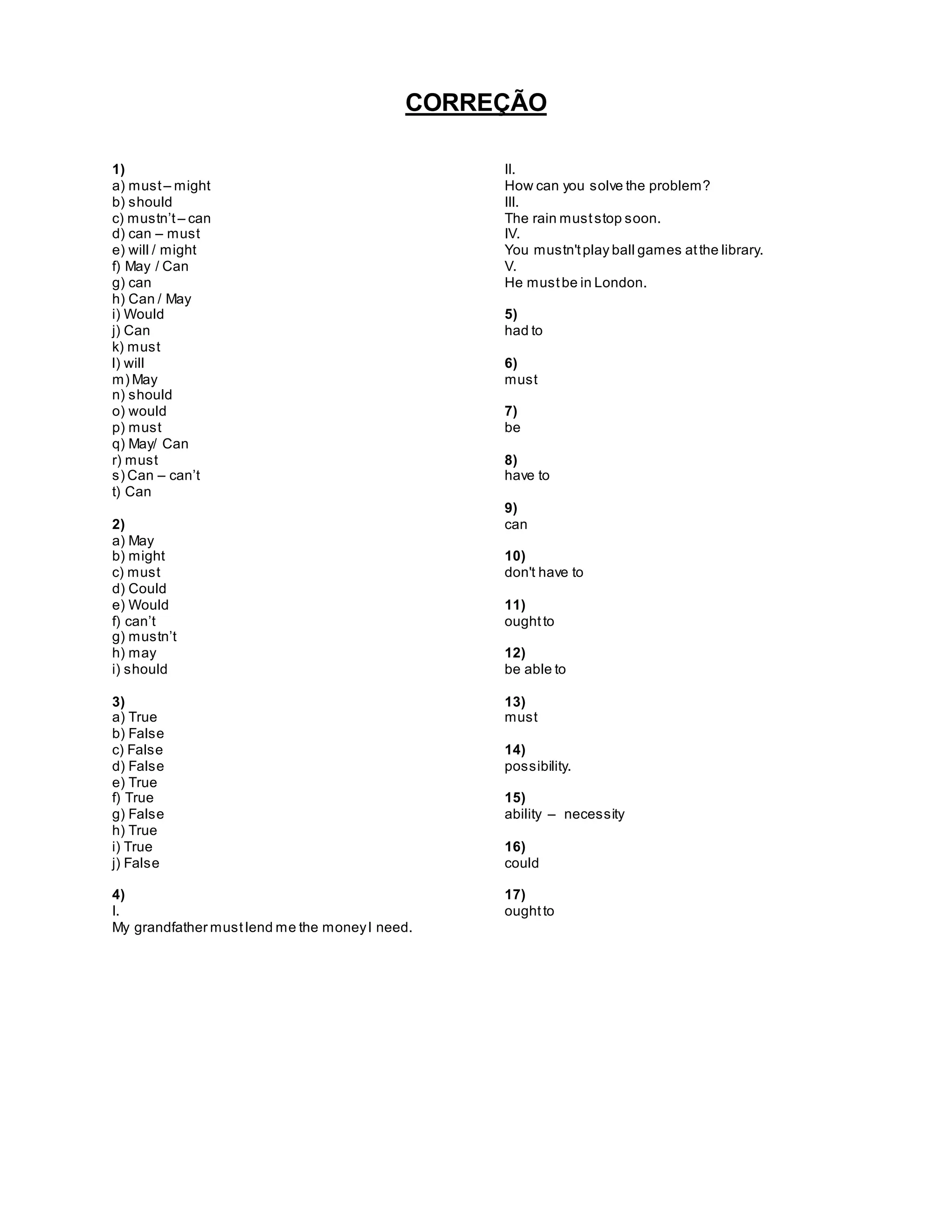 CORREÇÃO
1)
a) must– might
b) should
c) mustn’t – can
d) can – must
e) will / might
f) May / Can
g) can
h) Can / May
i) Would
j) Can
k) must
l) will
m) May
n) should
o) would
p) must
q) May/ Can
r) must
s) Can – can’t
t) Can
2)
a) May
b) might
c) must
d) Could
e) Would
f) can’t
g) mustn’t
h) may
i) should
3)
a) True
b) False
c) False
d) False
e) True
f) True
g) False
h) True
i) True
j) False
4)
I.
My grandfather must lend me the moneyI need.
II.
How can you solve the problem?
III.
The rain muststop soon.
IV.
You mustn'tplay ball games atthe library.
V.
He mustbe in London.
5)
had to
6)
must
7)
be
8)
have to
9)
can
10)
don't have to
11)
oughtto
12)
be able to
13)
must
14)
possibility.
15)
ability – necessity
16)
could
17)
oughtto
 