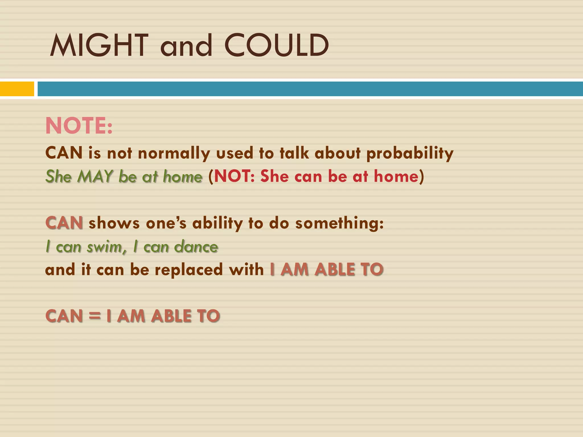 MIGHT and COULD
NOTE:
CAN is not normally used to talk about probability
She MAY be at home (NOT: She can be at home)
CAN shows one’s ability to do something:
I can swim, I can dance
and it can be replaced with I AM ABLE TO
CAN = I AM ABLE TO
 