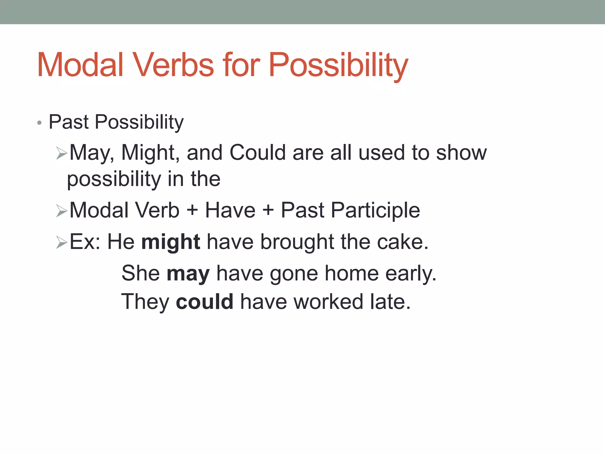 Modal Verbs for Possibility 
• Past Possibility 
May, Might, and Could are all used to show 
possibility in the 
Modal Verb + Have + Past Participle 
Ex: He might have brought the cake. 
She may have gone home early. 
They could have worked late. 
 