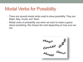Modal Verbs for Possibility 
• There are several modal verbs used to show possibility. They are 
Might, May, Could, and Must. 
• Modal verbs of probability use when we want to make a guess 
about something. We choose the verb depending on how sure we 
are. 
 
