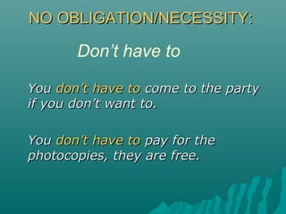 NO OBLIGATION/NECESSITY:NO OBLIGATION/NECESSITY:
YouYou don’t have todon’t have to come to the partycome to the party
if you don’t want to.if you don’t want to.
YouYou don’t have todon’t have to pay for thepay for the
photocopies, they are free.photocopies, they are free.
Don’t have to
 