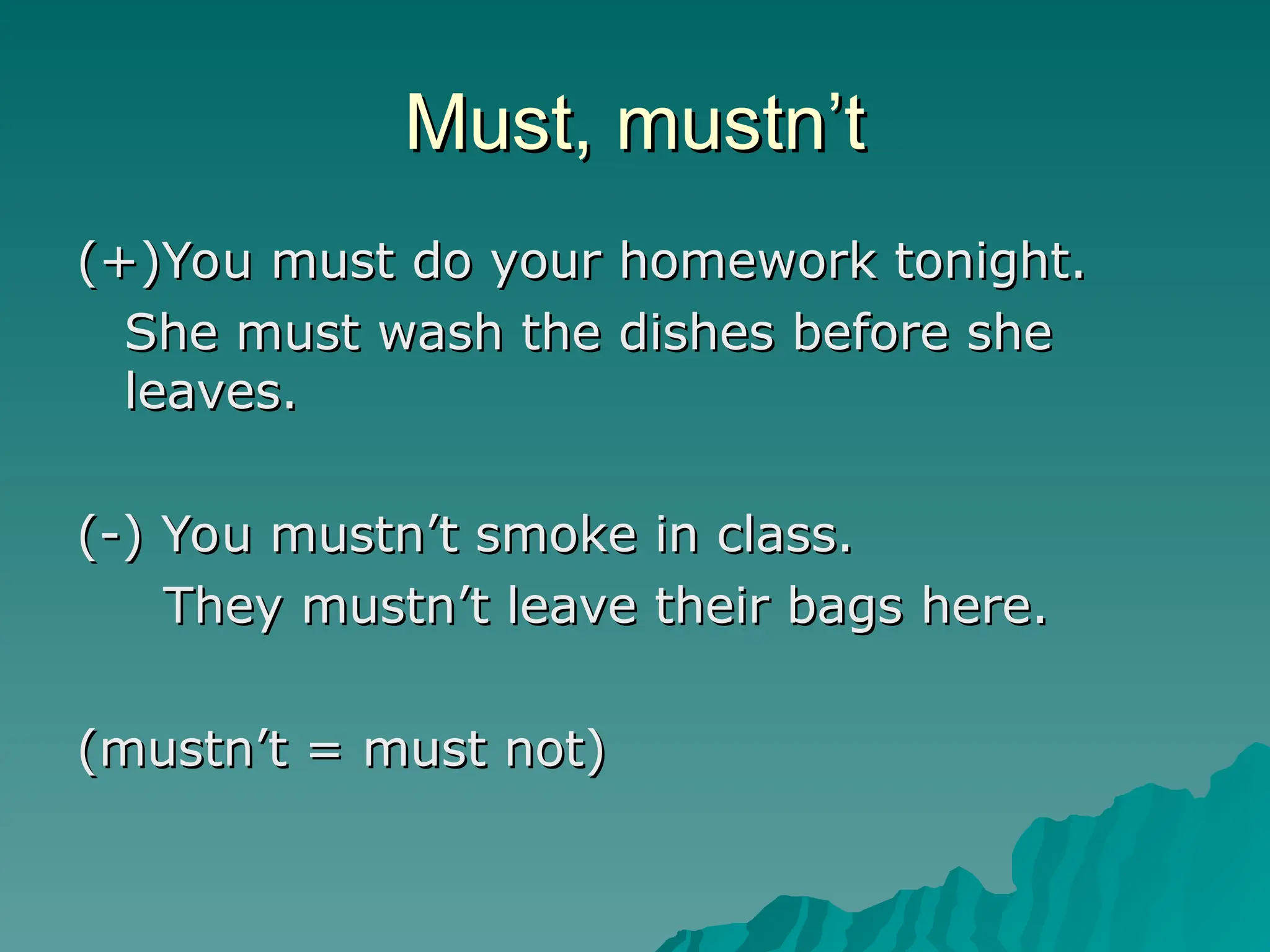 Must, mustn’t
Must, mustn’t
(+)You must do your homework tonight.
(+)You must do your homework tonight.
She must wash the dishes before she
She must wash the dishes before she
leaves.
leaves.
(-) You mustn’t smoke in class.
(-) You mustn’t smoke in class.
They mustn’t leave their bags here.
They mustn’t leave their bags here.
(mustn’t = must not)
(mustn’t = must not)
 