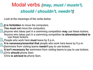Modal verbs (may, must / mustn't,
             should / shouldn't, needn't)
Look at the meanings of the verbs below.

It is forbidden to move the computers.
You must not move the computers.
Anyone who takes part in a swimming competition may use these lockers.
Anyone who takes part in a swimming competition is allowed/permitted to
    use these lockers.
People who work here must leave by 5 p.m.
It is necessary/essential that people who work here leave by 5 p.m.
Swimmers from visiting teams needn't pay to use lockers.
It isn't necessary for swimmers from visiting teams to pay to use lockers.
Chris should phone Sam.
Chris is advised to phone Sam.
 