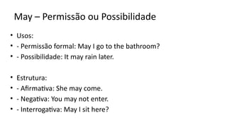 May – Permissão ou Possibilidade
• Usos:
• - Permissão formal: May I go to the bathroom?
• - Possibilidade: It may rain later.
• Estrutura:
• - Afirmativa: She may come.
• - Negativa: You may not enter.
• - Interrogativa: May I sit here?
 