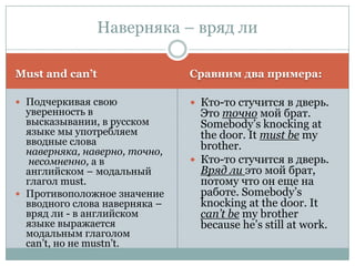 Must and can’tСравним два примера:Подчеркивая свою уверенность в высказывании, в русском языке мы употребляем вводные слова наверняка, наверно, точно, несомненно, а в английском – модальный глагол must. Противоположное значение вводного слова наверняка – вряд ли - в английском языке выражается модальным глаголом can’t, но не mustn’t. Кто-то стучится в дверь. Это точномой брат. Somebody’s knocking at the door. It must be my brother.Кто-то стучится в дверь. Вряд ли это мой брат, потому что он еще на работе. Somebody’s knocking at the door. It can’t bemy brother because he’s still at work.Наверняка – вряд ли
