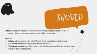 “Should” indica una obligación o recomendación. Refleja una opinión sobre lo que es
correcto. Se traduce como el condicional de “deber” en español.
Ejemplos:
 I should call my parents more often.(Debería llamar a mis padres más a menudo.)
 You shouldn’t work so hard.(No debería trabajar tan duro.)
 They should practice more if they want to win the championship.(Deberían practicar más
si quieren ganar el campeonato.)
SHOULD
 
