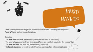 “Must” (deber)indica una obligación, prohibición o necesidad. También puede emplearse
“have to” (tener que) en frases afirmativas.
Ejemplos:
 You must read this book, it’s fantastic.(Debes leer este libro, es fantástico.)
 You have to brush your teeth two times a day.(Tienes que cepillarte los dientes dos veces al día.)
 You must not drink and drive.(No puedes beber y conducir.)
 We have to leave now or we will be late.(Tenemos que irnos ahora o llegaremos tarde.)
MUST/
HAVE TO
 