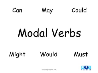 Modal Verbs
www.eslpuzzles.com
Can
Must
Might
Could
Would
May
 