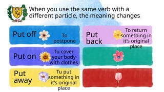 Put off
Put on
Put
back
Put
away
To
postpone
Tu cover
your body
with clothes
To return
something in
it’s original
place
Tu put
something in
it’s original
place
When you use the same verb with a
different particle, the meaning changes
 