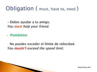 - Debes ayudar a tu amigo.
You must help your friend.


Prohibition

-

No puedes exceder el límite de velocidad.

You mustn’t exceed the speed limit.

Ricardo Forner 2011

 