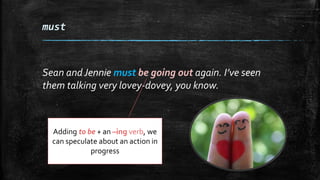 must
Sean and Jennie must be going out again. I’ve seen
them talking very lovey-dovey, you know.
Adding to be + an –ing verb, we
can speculate about an action in
progress
 